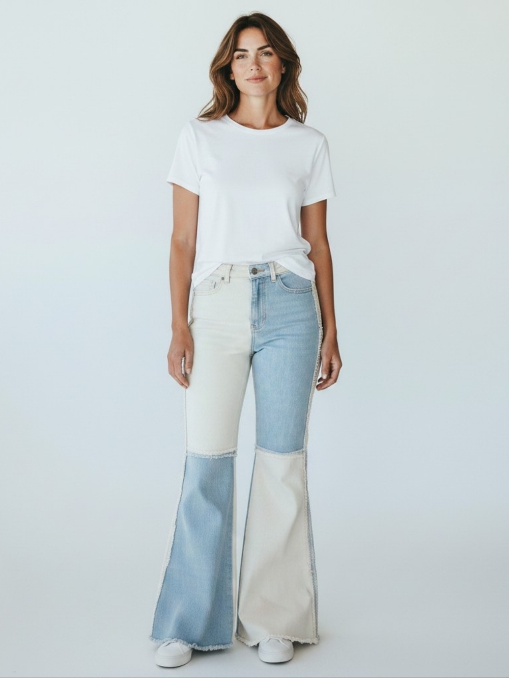 Easel Patchwork Denim Flare Jeans | Light Wash | Size Medium